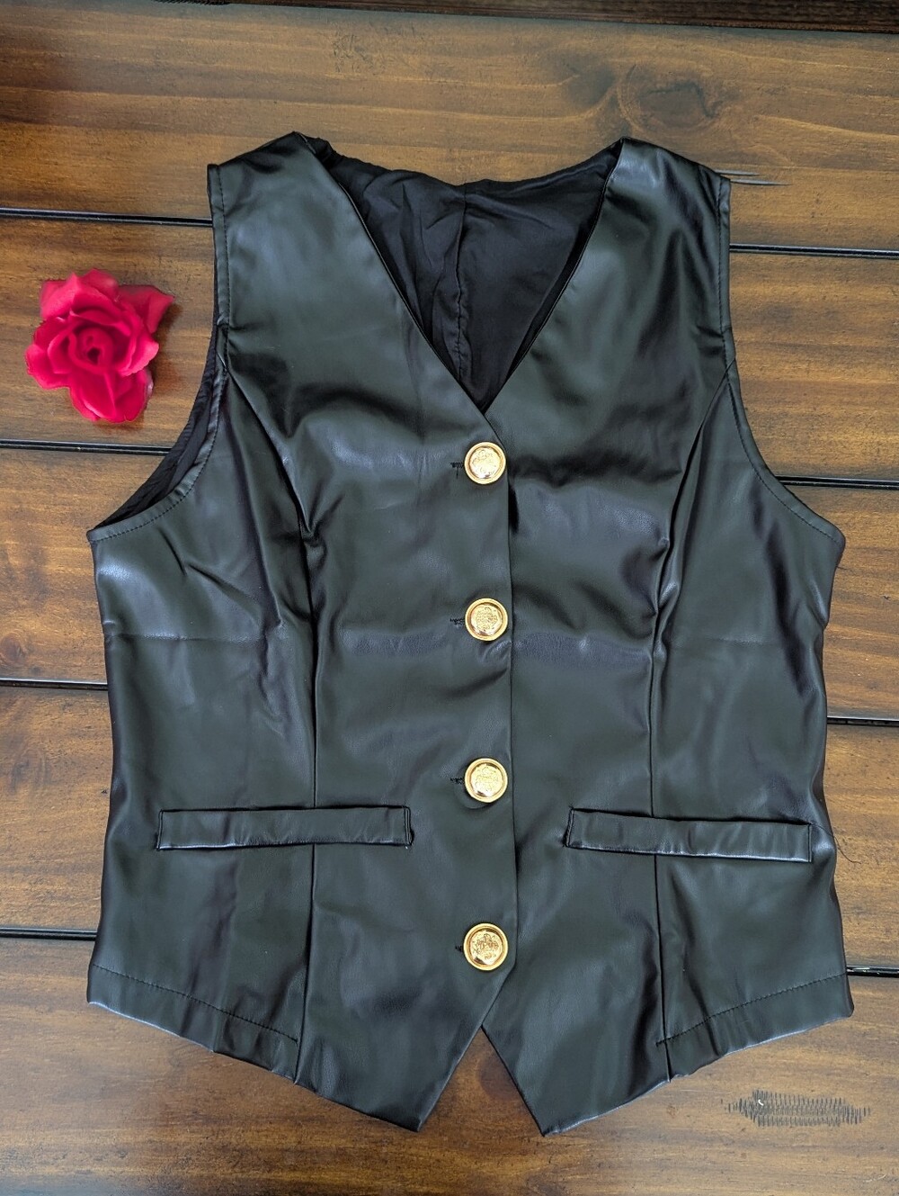 NWOT Faux Leather Vest Womens Small Medium Black Gold Button Pleather V-Neck